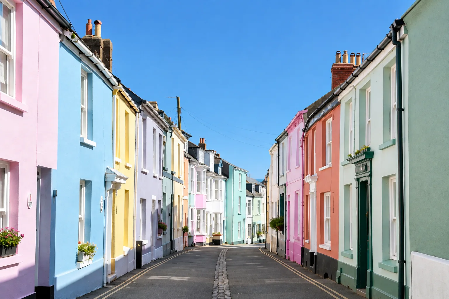 A narrow street of pastel painted cottages in Appledore, north Devon, with window boxes and the road running between them