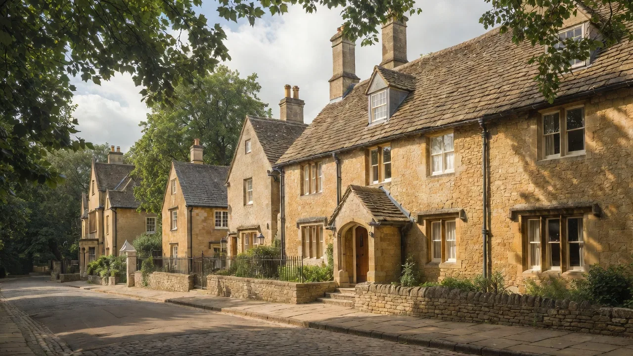 A row of honey-stone cottages with stone-tiled roofs and dormer windows on a cobbled village street