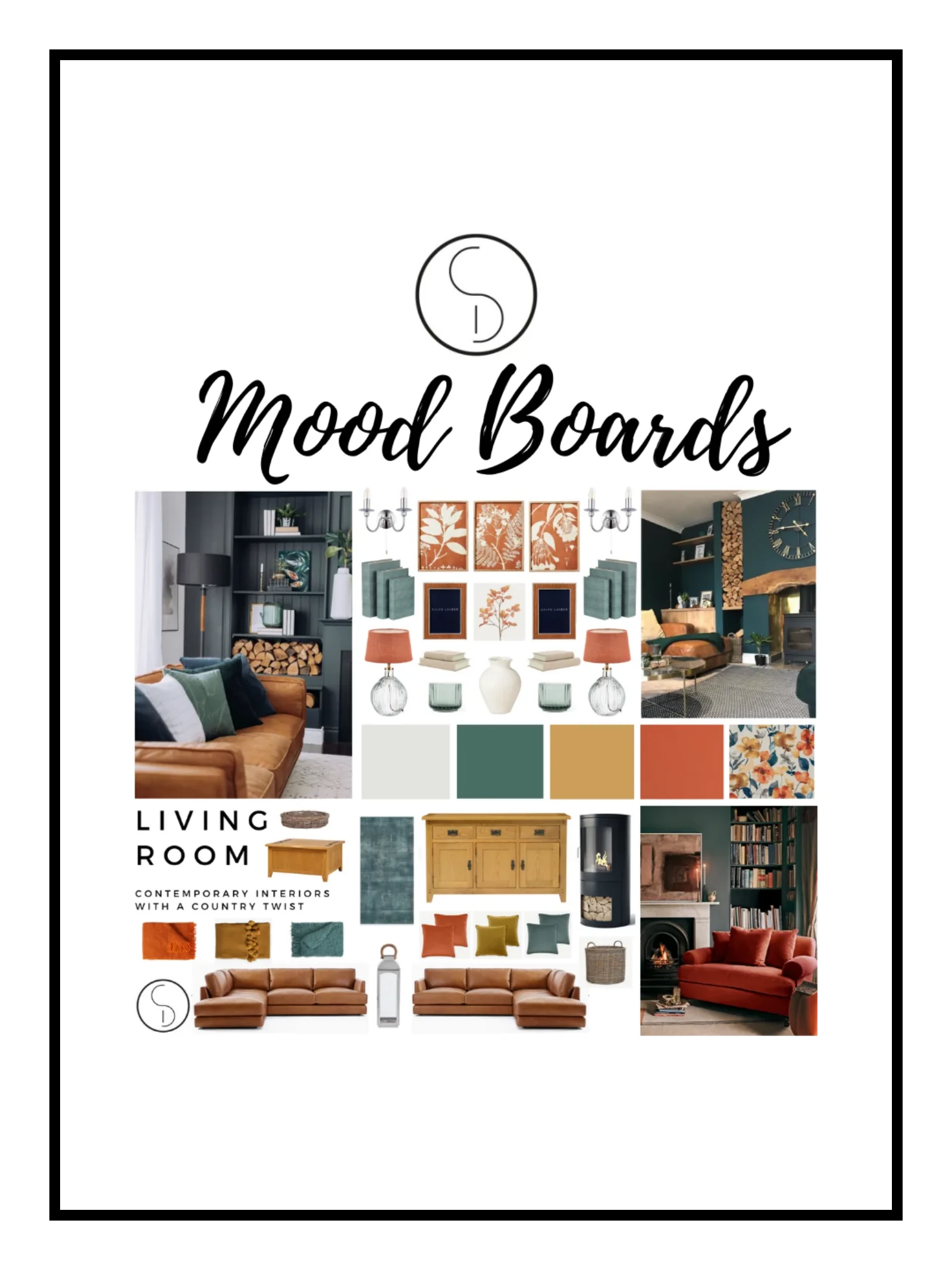 A CCID autumn living room mood board in tan leather, deep green and burnt orange, with furniture, lighting and fabric swatches