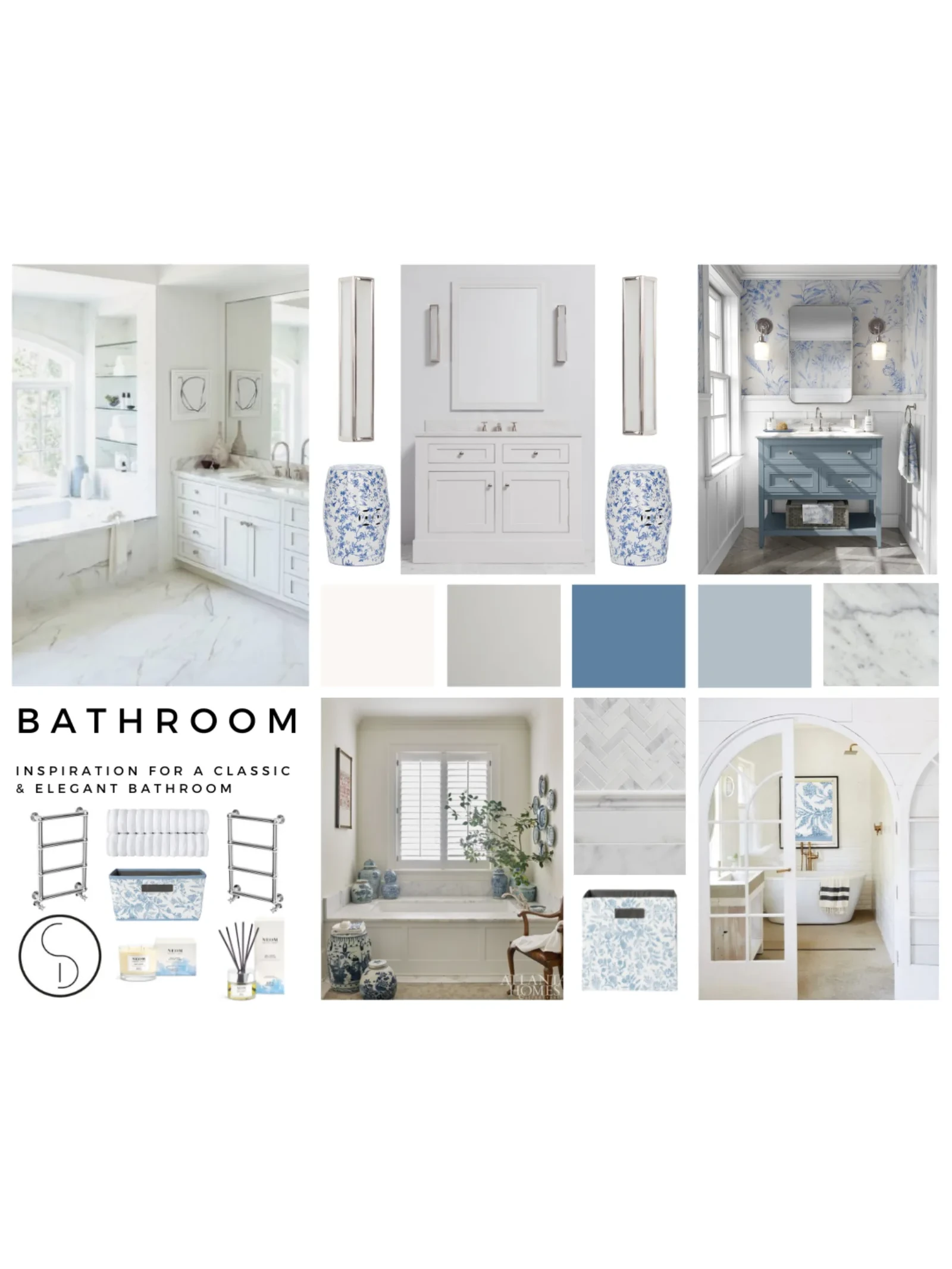 A CCID mood board for a classic and elegant bathroom, with marble, blue and white tiles and fittings