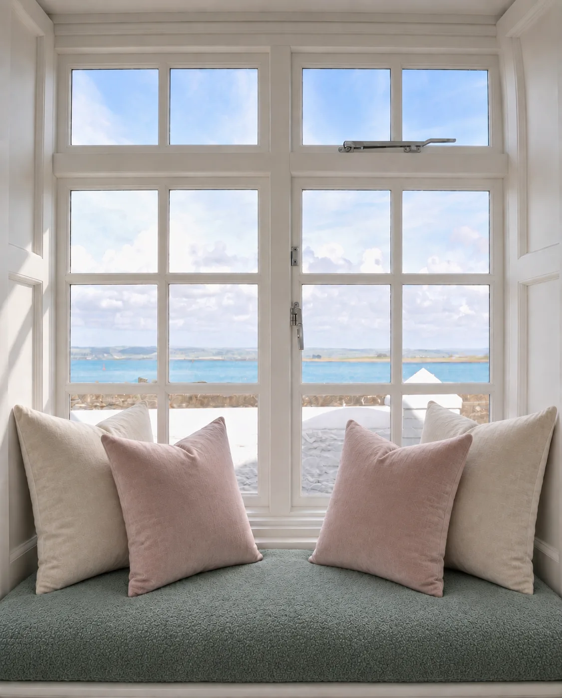 A window seat cushioned in sage wool with pink and cream cushions, looking out across the estuary at the thatched cottage in Appledore, Devon