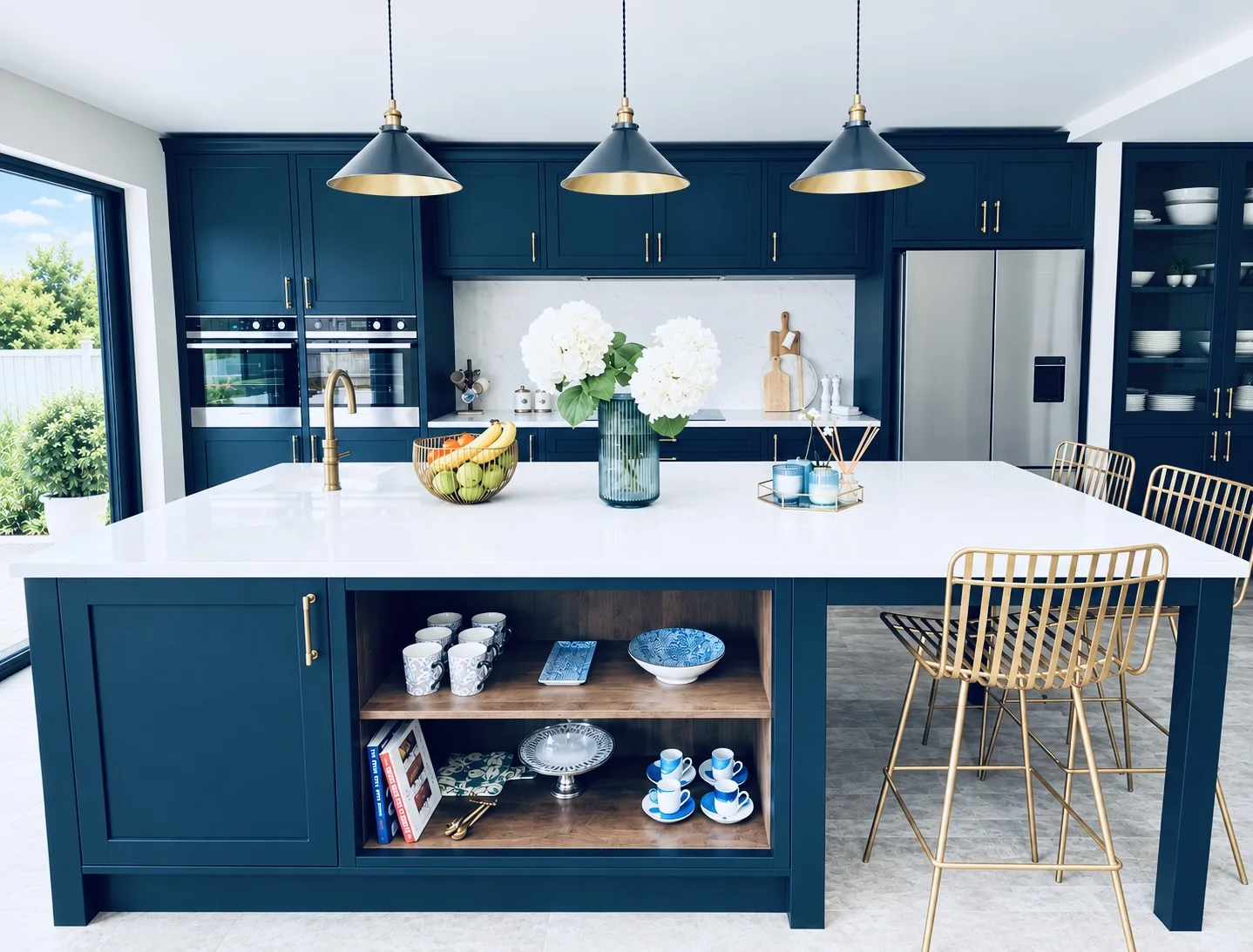 A black shaker kitchen with blue undertones, brass pendant lights, a white quartz island and brass bar stools, designed by CCID