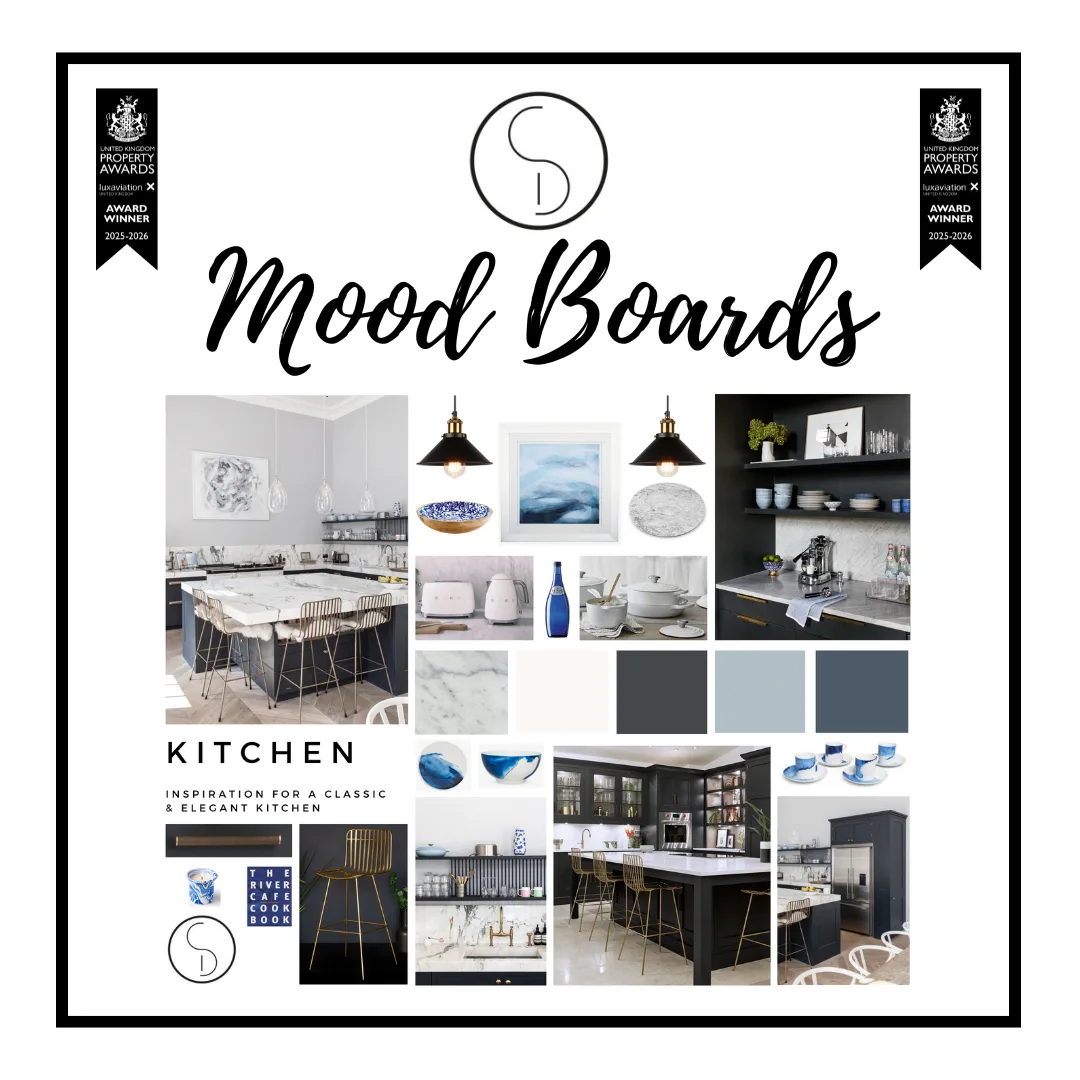 A CCID kitchen mood board for the art deco house in Topsham, Devon, pairing navy cabinetry, marble, brass and black pendant lighting