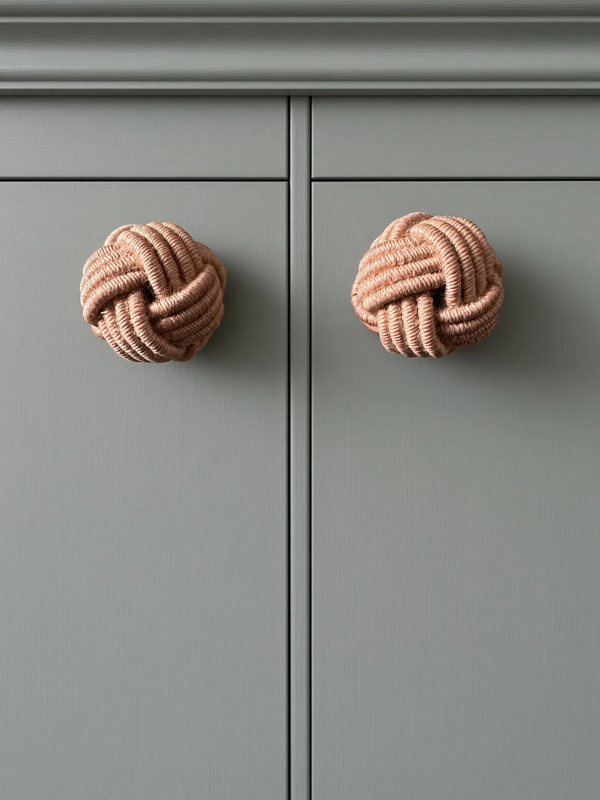 Bespoke storage cupboard in sage panelled timber with knotted rope handles, Appledore, Devon