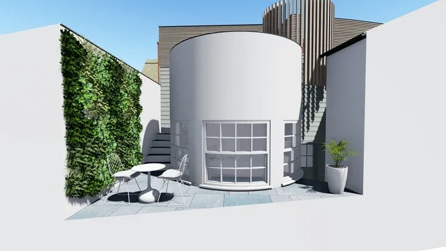 CGI render of the proposed curved extension and tiered roof terraces, with a living green wall and steps up to the terrace, at the thatched cottage in Appledore, Devon