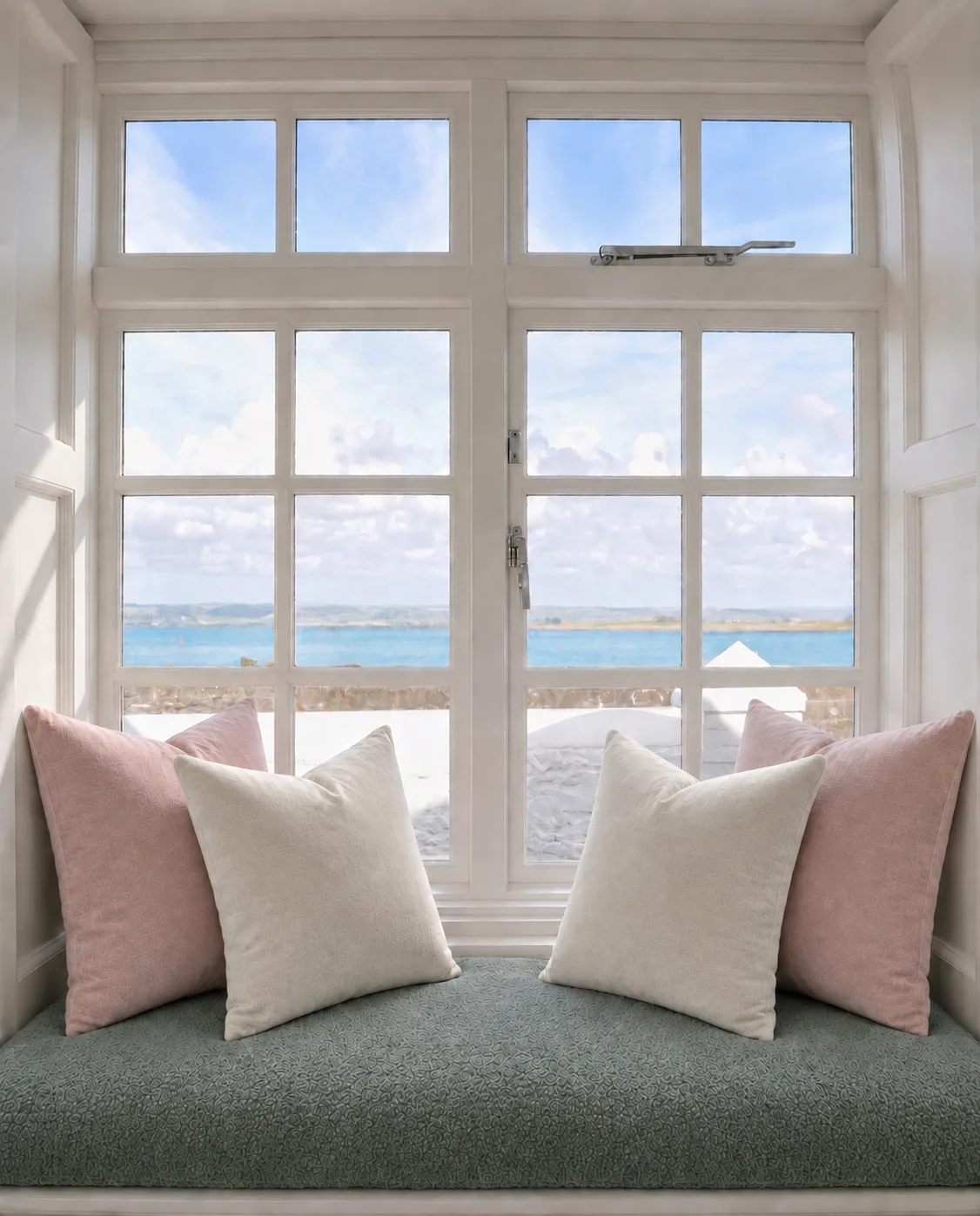 Window seat cushioned in sage wool with pink and cream cushions, looking out across the Torridge estuary, at the thatched cottage in Appledore, Devon