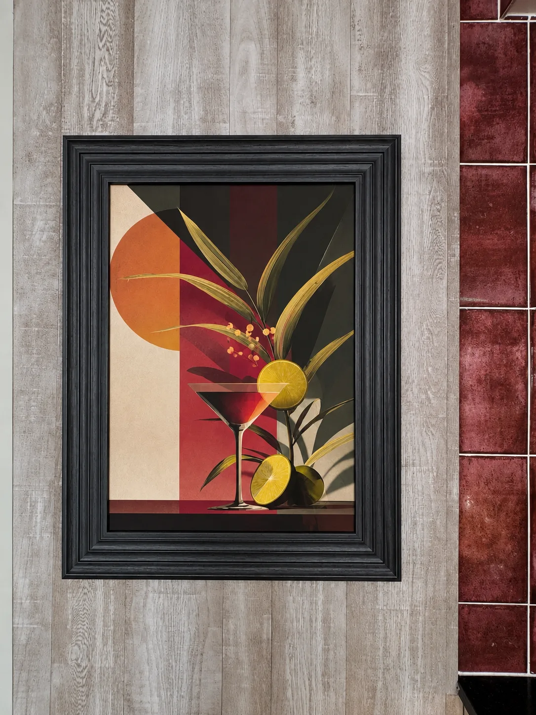 Framed cocktail artwork on timber panelling beside burgundy gloss tiling, Belluno Restaurant, Bideford, Devon