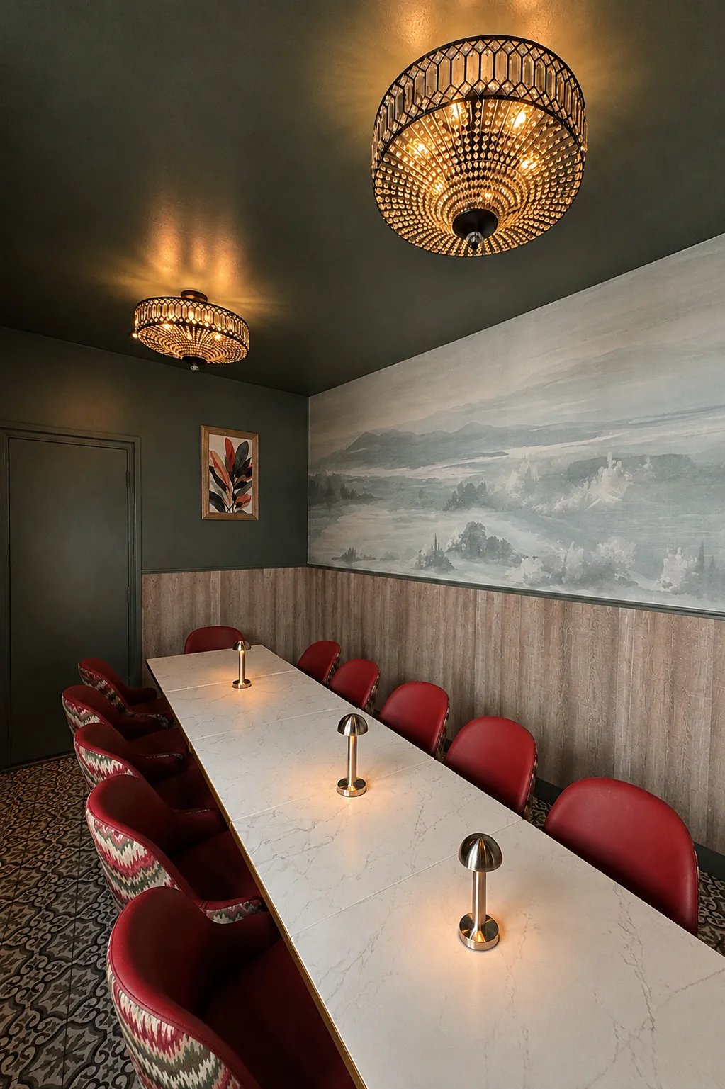 Function room with red leather chairs and a painted landscape mural above timber panelling, Belluno Restaurant, Bideford, Devon
