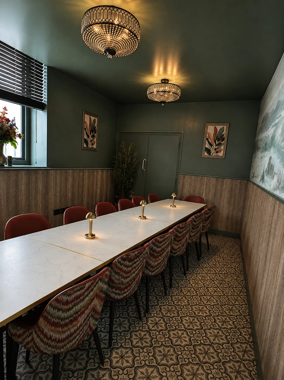 The function room with a long marble table, flamestitch chairs and two crystal chandeliers, Belluno Restaurant, Bideford, Devon