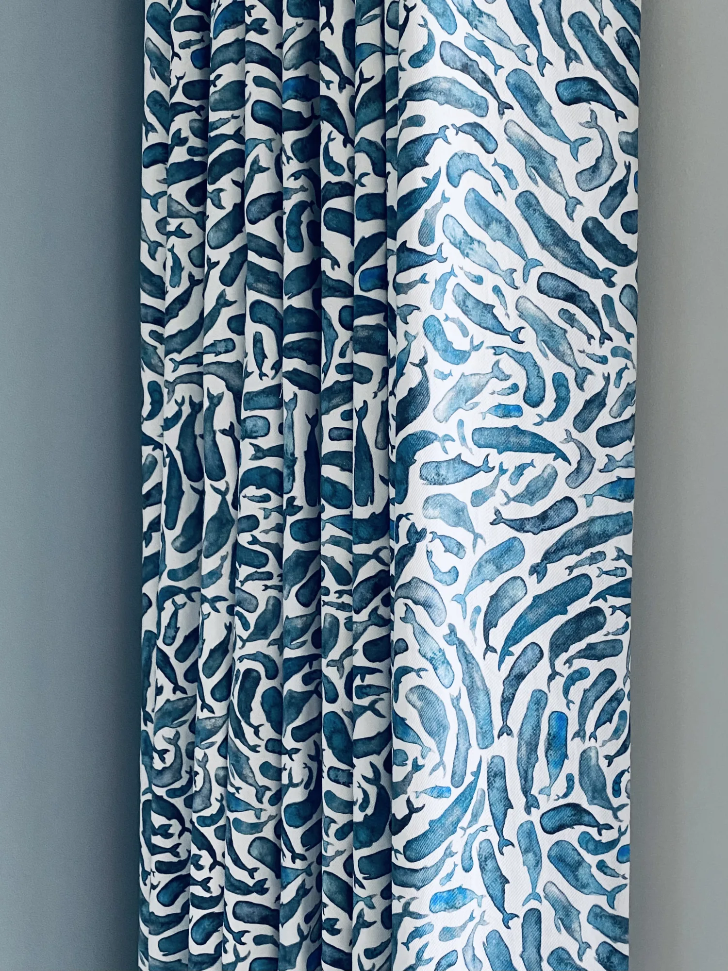 Bespoke wave curtain in a blue and white whale print, Northam, Devon