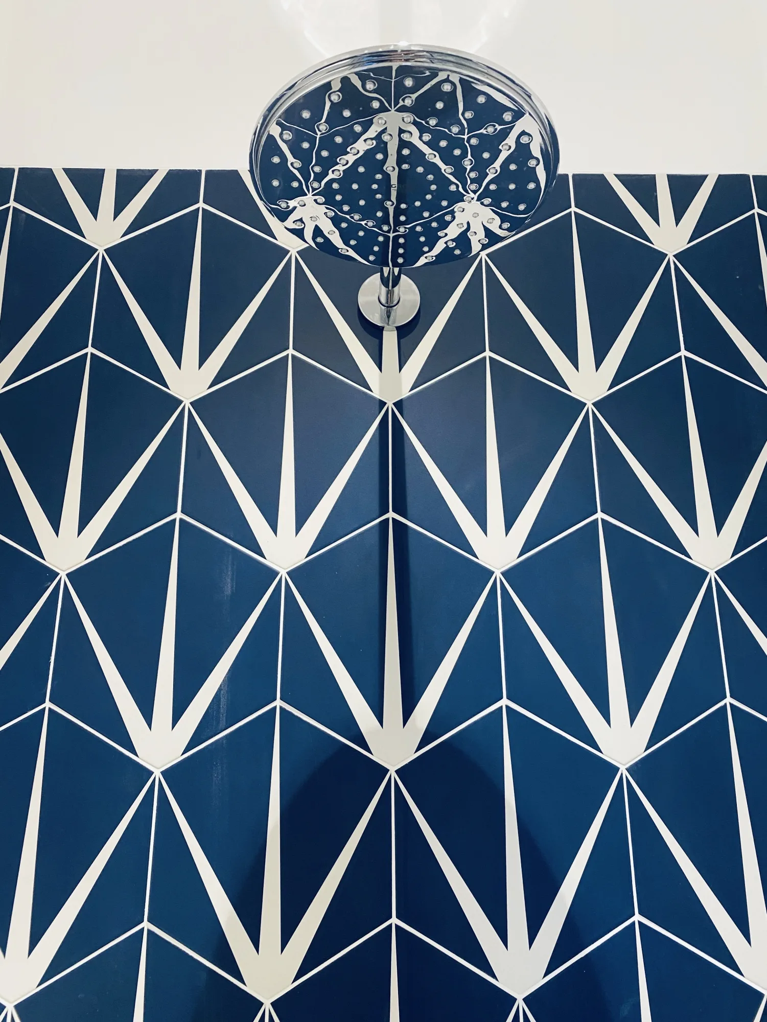 Shower tiled in Ca'Pietra Lily Pad porcelain in navy and white, with a chrome rainfall head, Northam, Devon