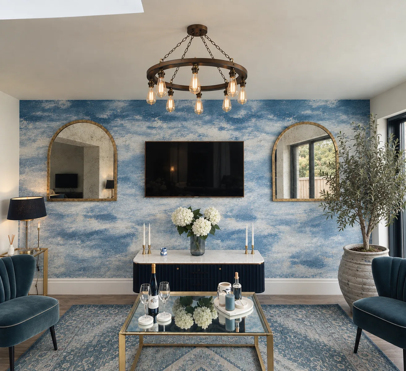Chill out room with cloud wallpaper, arched gold mirrors and teal velvet chairs, Topsham, Devon