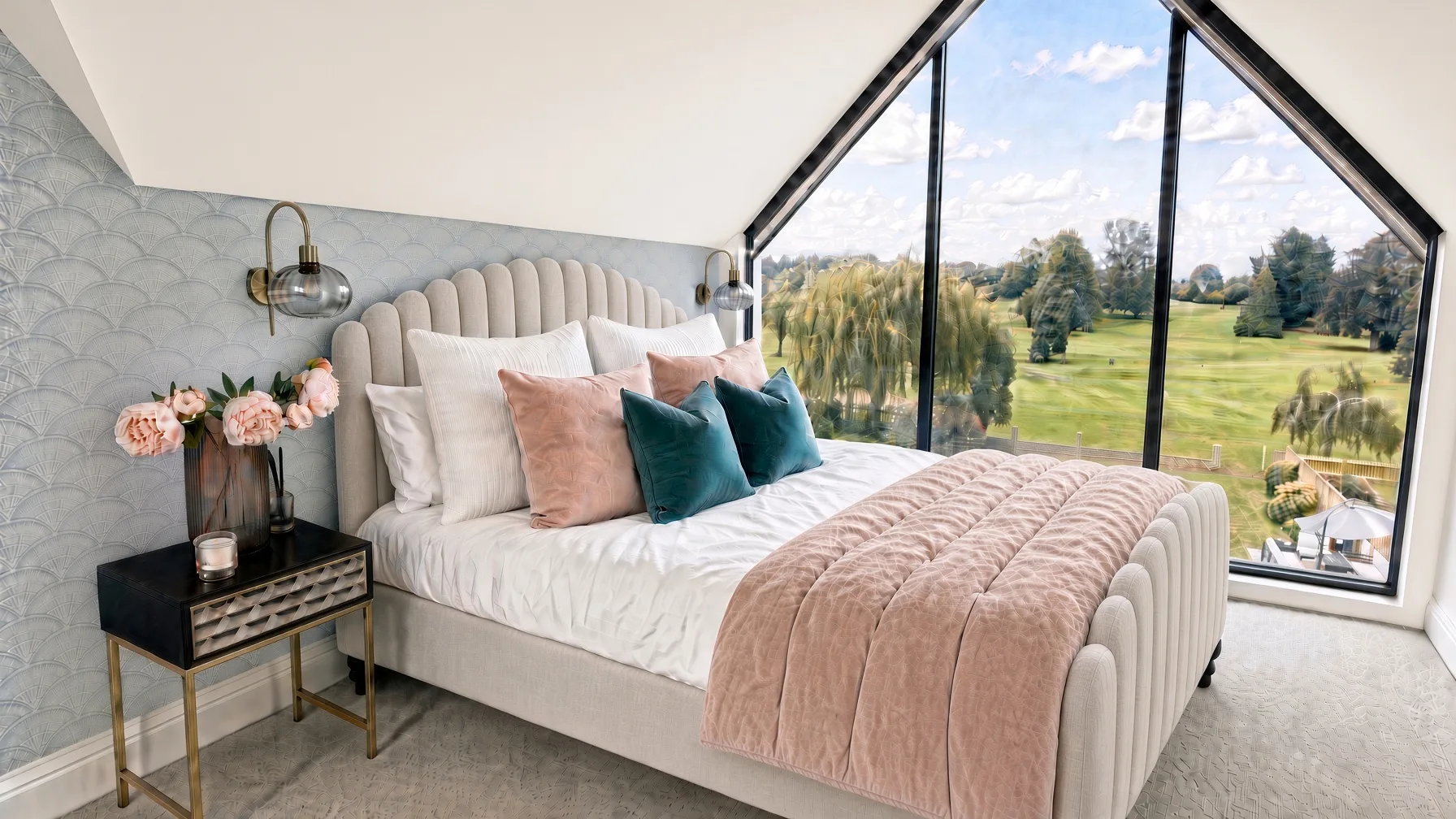 Master bedroom with a scalloped bed head beside a full height apex window looking over the garden, Topsham, Devon